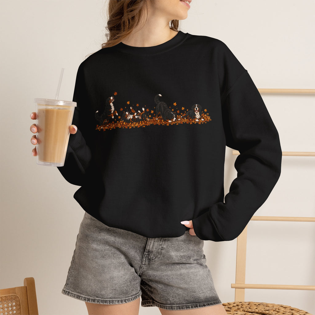 Bernese Mountain Dog Playing in Leaves Fall Sweatshirt
