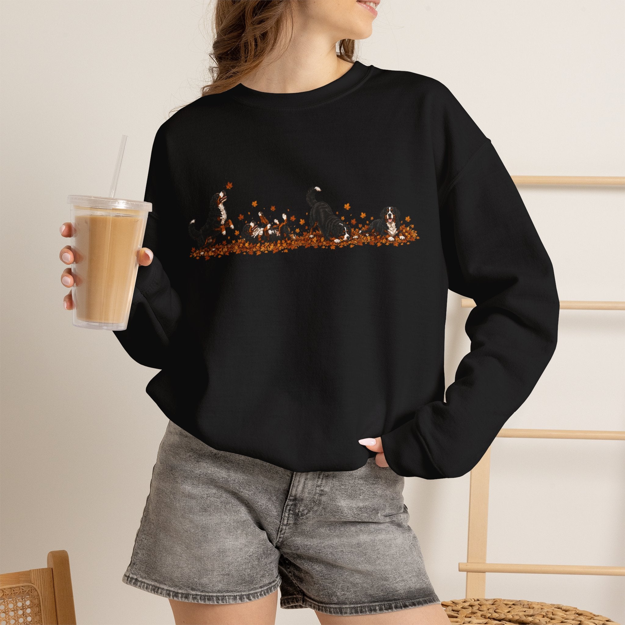 Bernese Mountain Dog Playing in Leaves Fall Sweatshirt