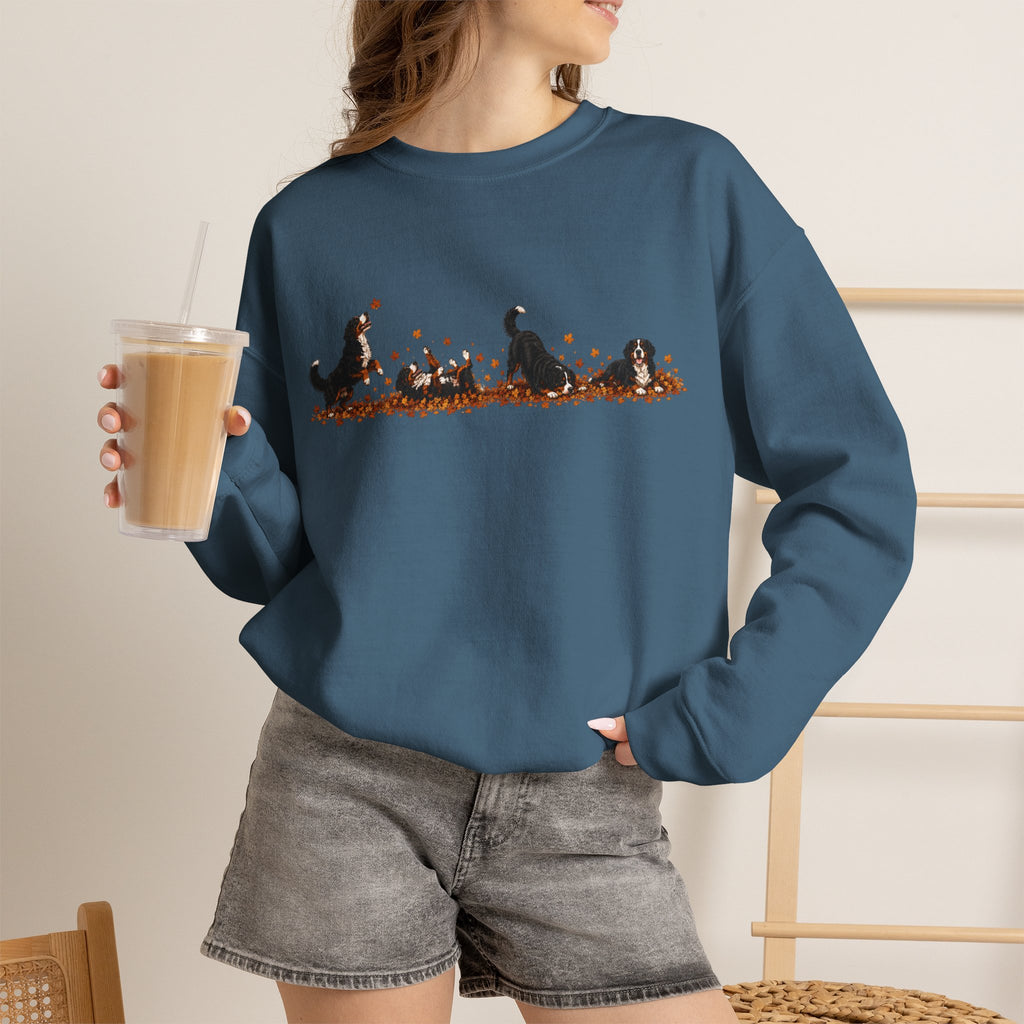 Bernese Mountain Dog Playing in Leaves Fall Sweatshirt