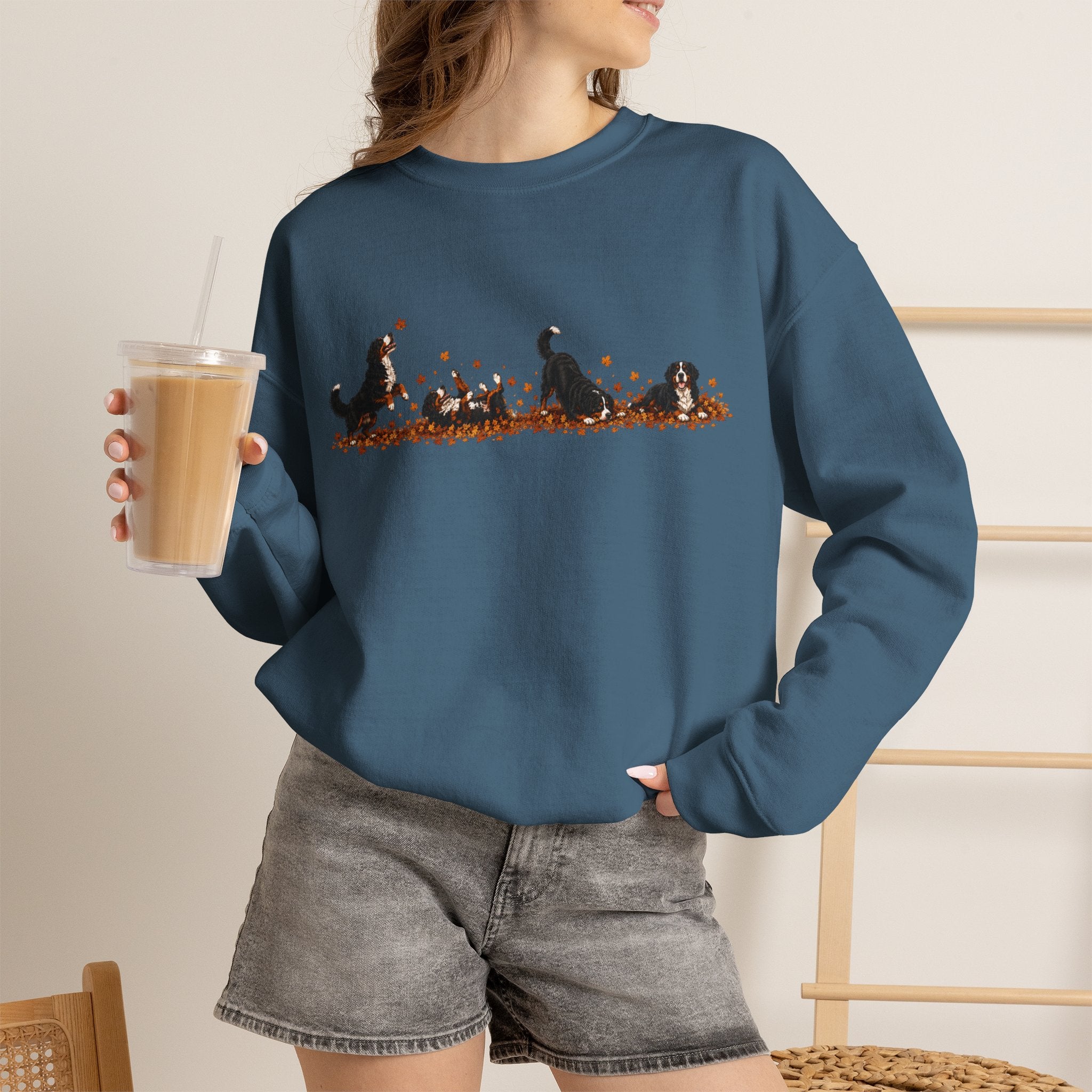 Bernese Mountain Dog Playing in Leaves Fall Sweatshirt
