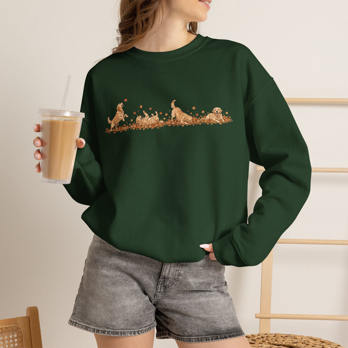 Golden Retriever Playing in Leaves Fall Sweatshirt