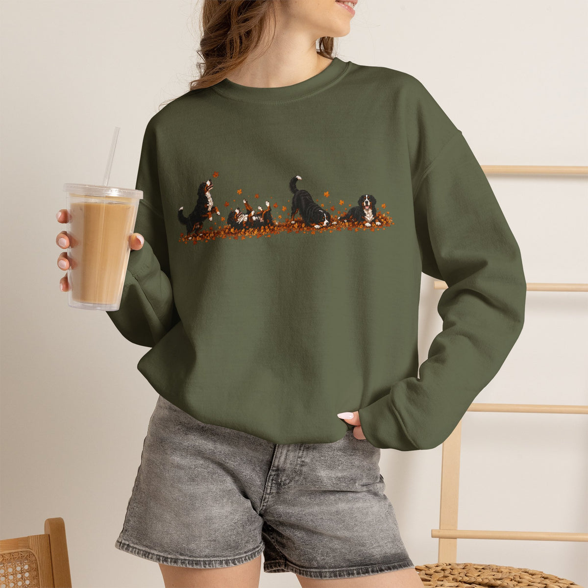 Bernese Mountain Dog Playing in Leaves Fall Sweatshirt