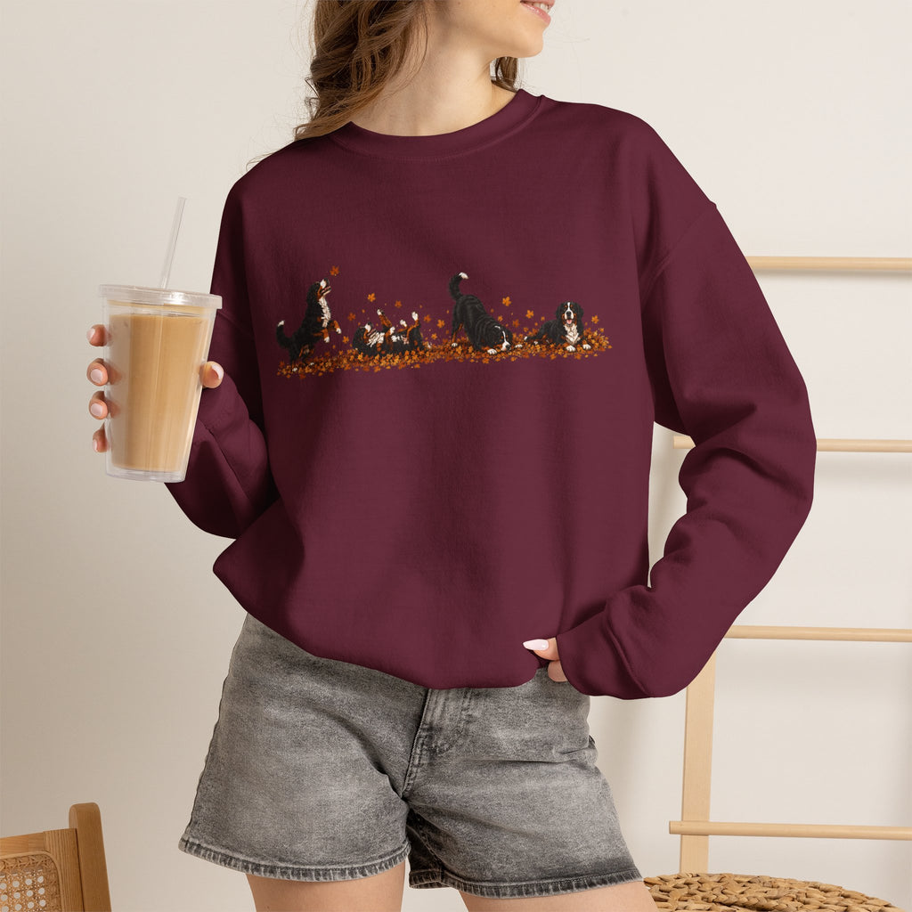 Bernese Mountain Dog Playing in Leaves Fall Sweatshirt