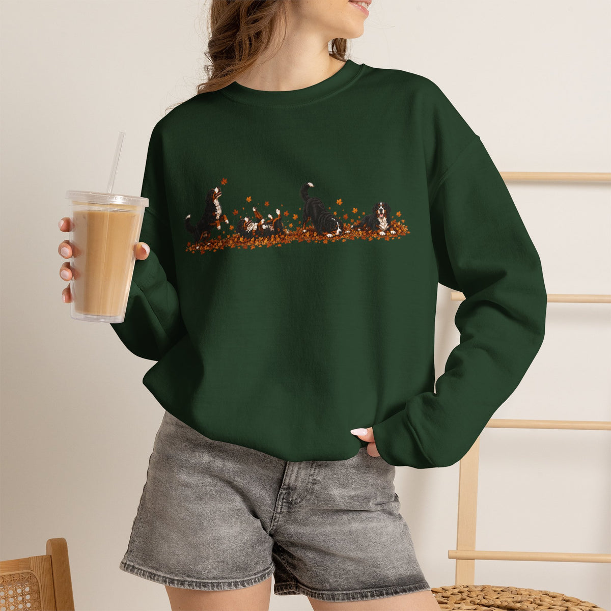 Bernese Mountain Dog Playing in Leaves Fall Sweatshirt