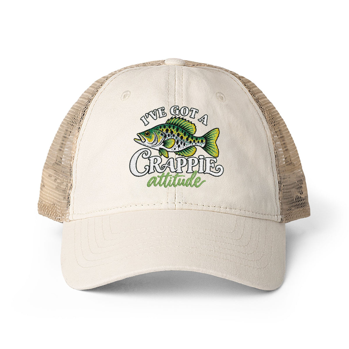 Women’s Embroidered Fishing Hat – Crappie Attitude High Ponytail Trucker Hat