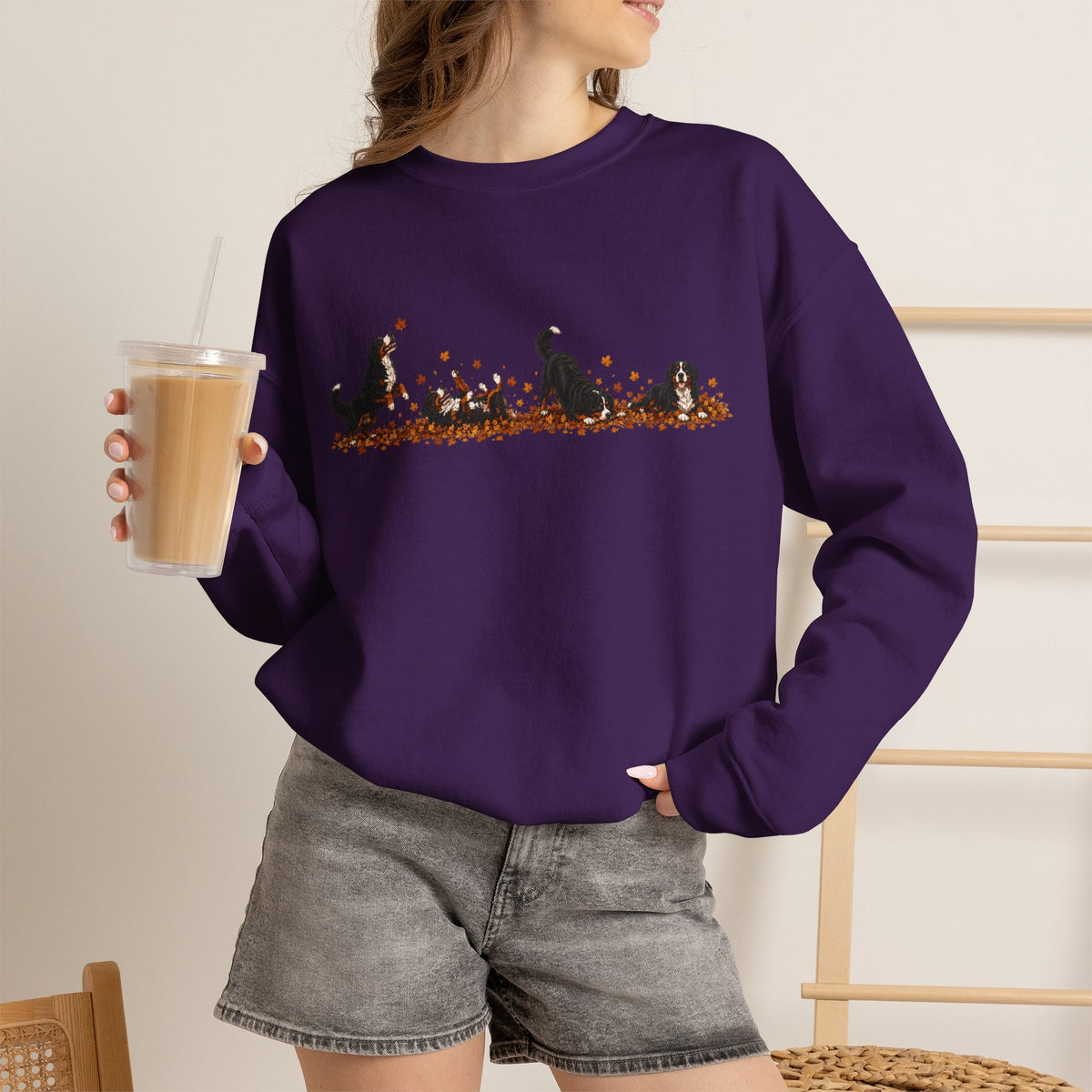 Bernese Mountain Dog Playing in Leaves Fall Sweatshirt