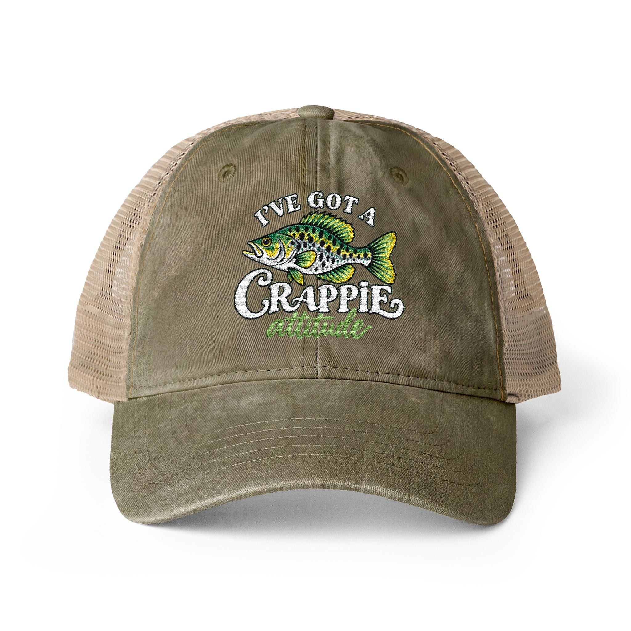 Women’s Embroidered Fishing Hat – Crappie Attitude High Ponytail Trucker Hat