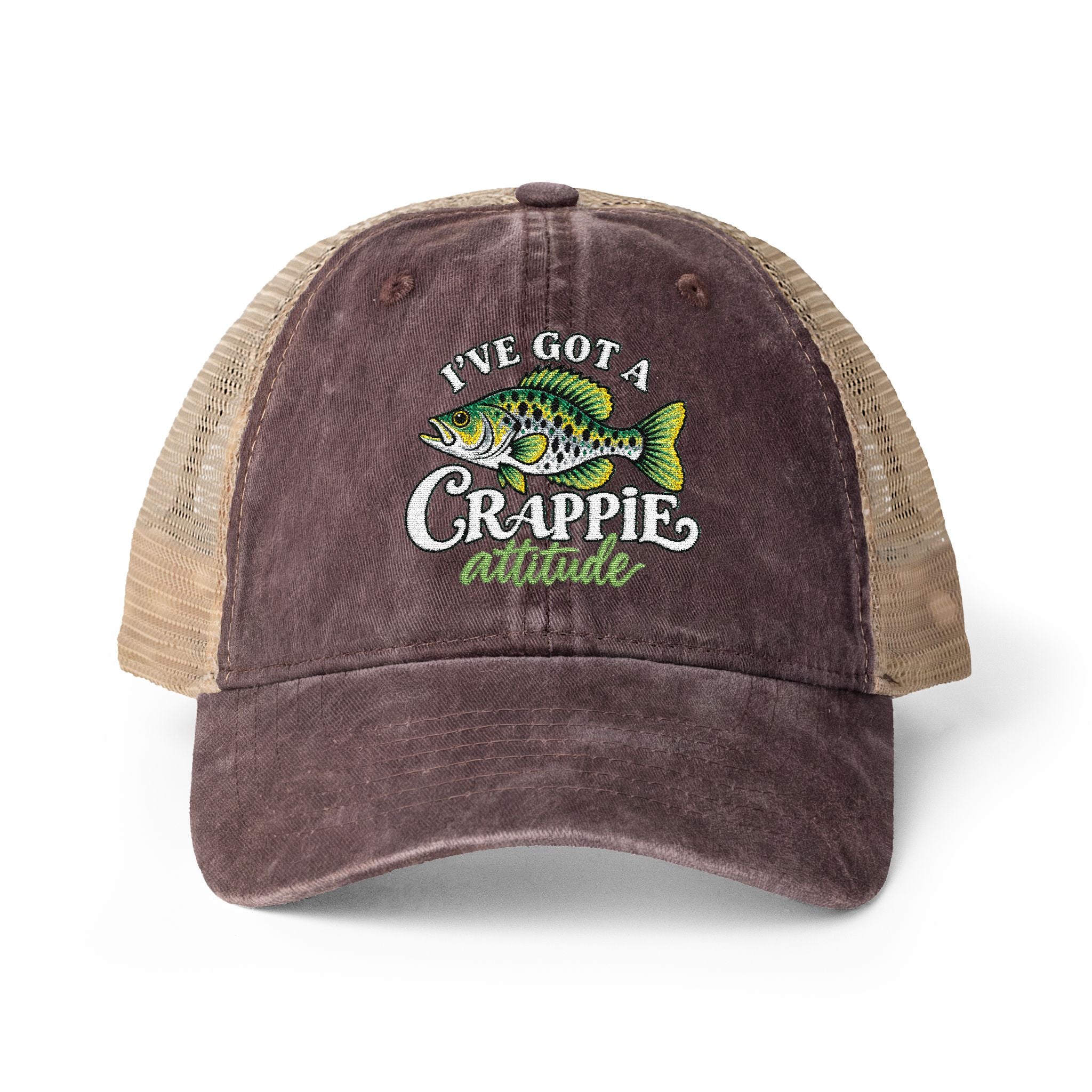 Women’s Embroidered Fishing Hat – Crappie Attitude High Ponytail Trucker Hat