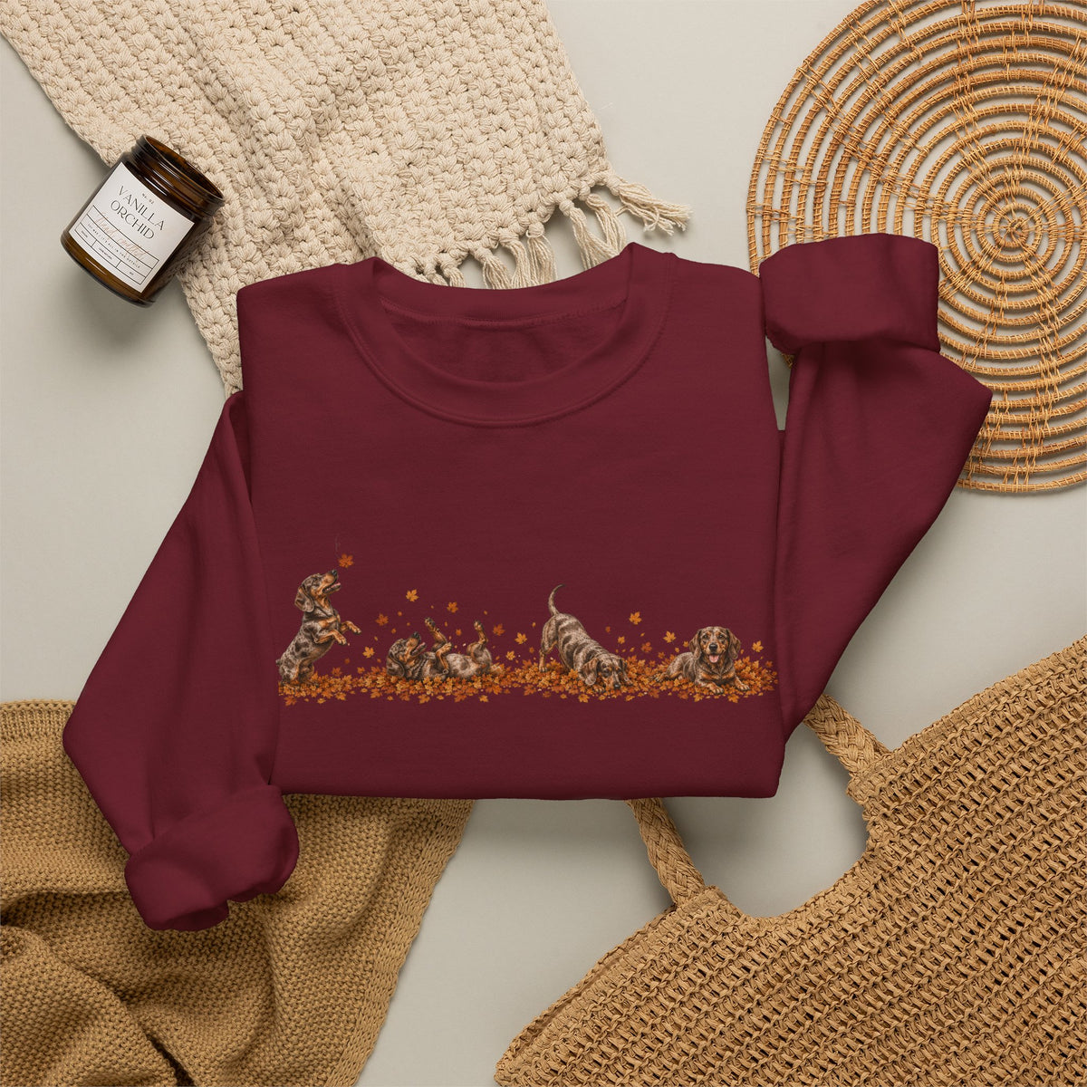Dachshund Playing in Leaves Fall Sweatshirt