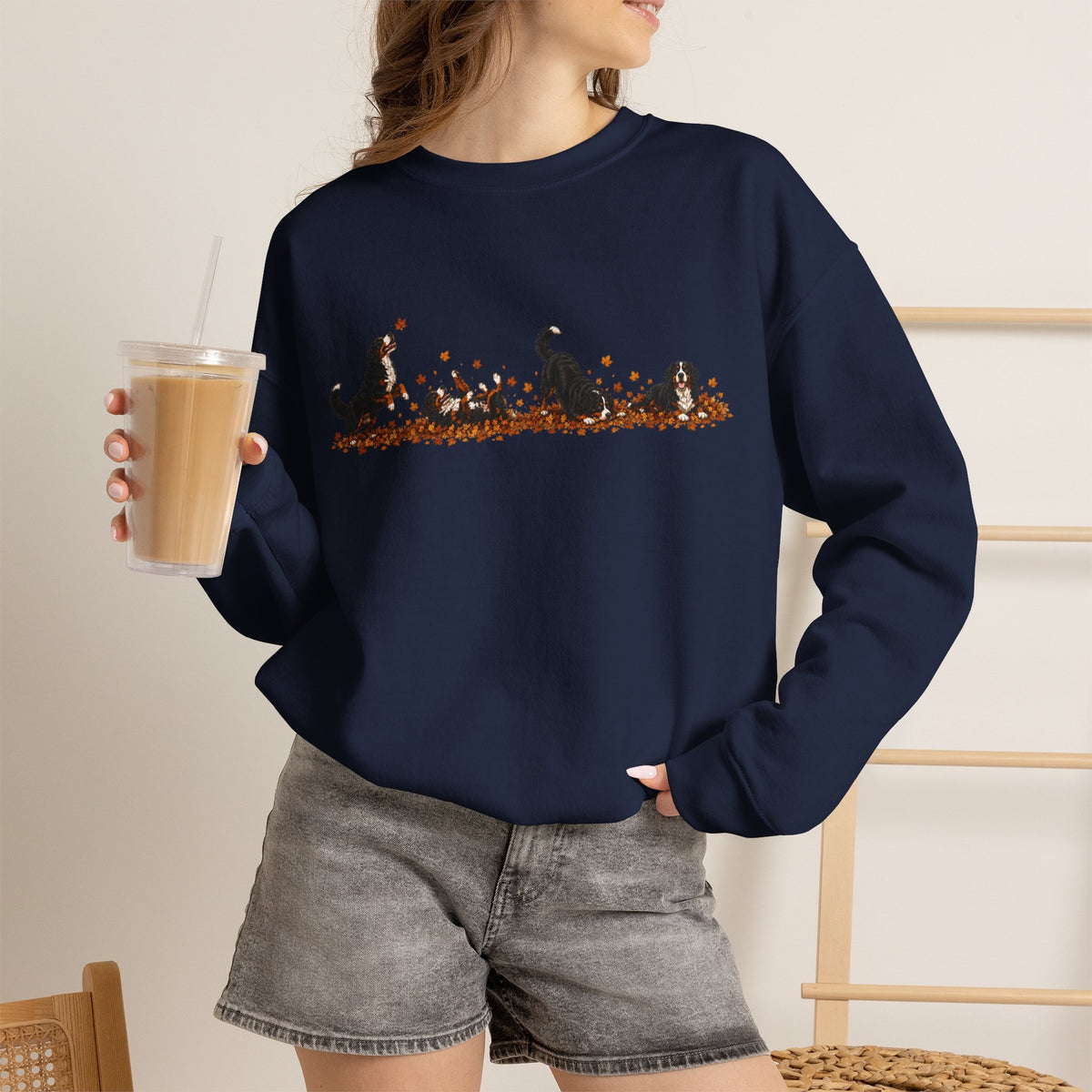 Bernese Mountain Dog Playing in Leaves Fall Sweatshirt