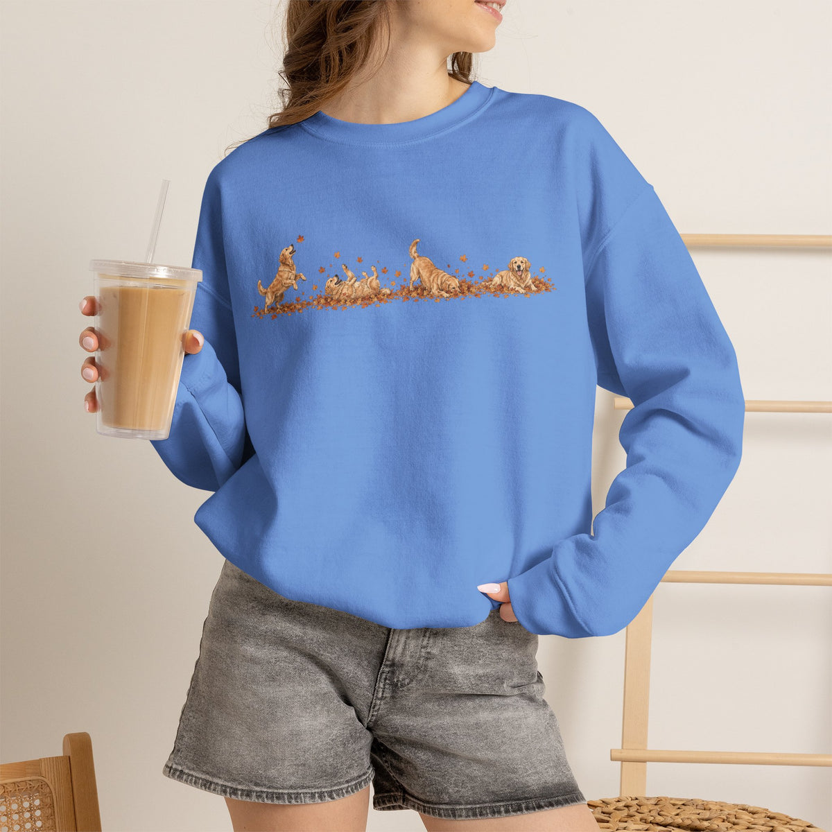 Golden Retriever Playing in Leaves Fall Sweatshirt