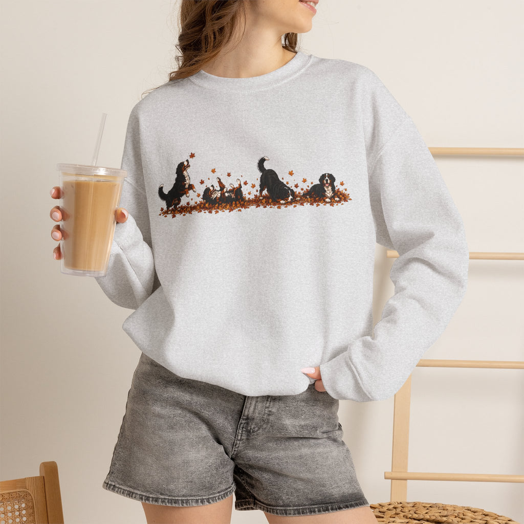 Bernese Mountain Dog Playing in Leaves Fall Sweatshirt