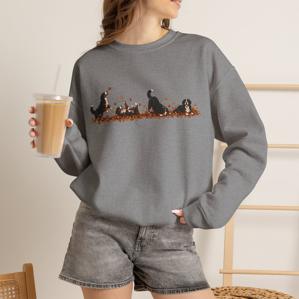 Bernese Mountain Dog Playing in Leaves Fall Sweatshirt