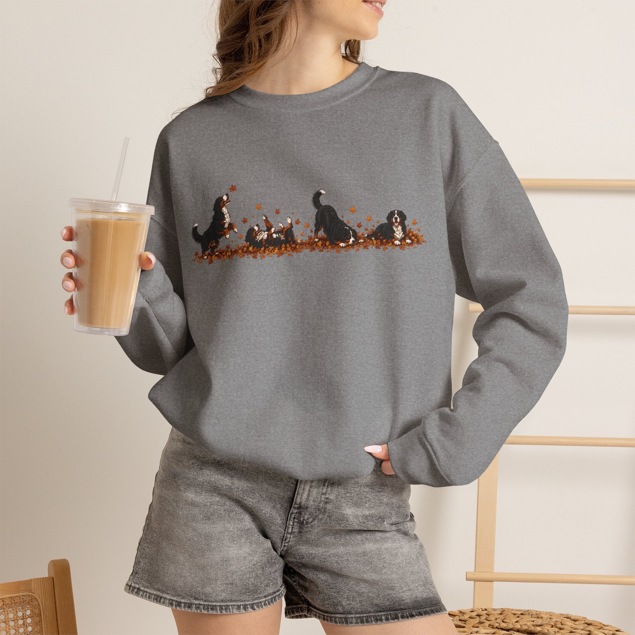 Bernese Mountain Dog Playing in Leaves Fall Sweatshirt