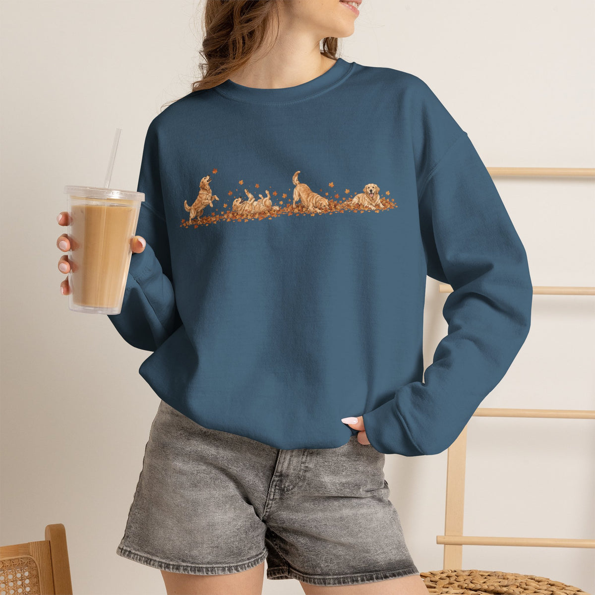 Golden Retriever Playing in Leaves Fall Sweatshirt