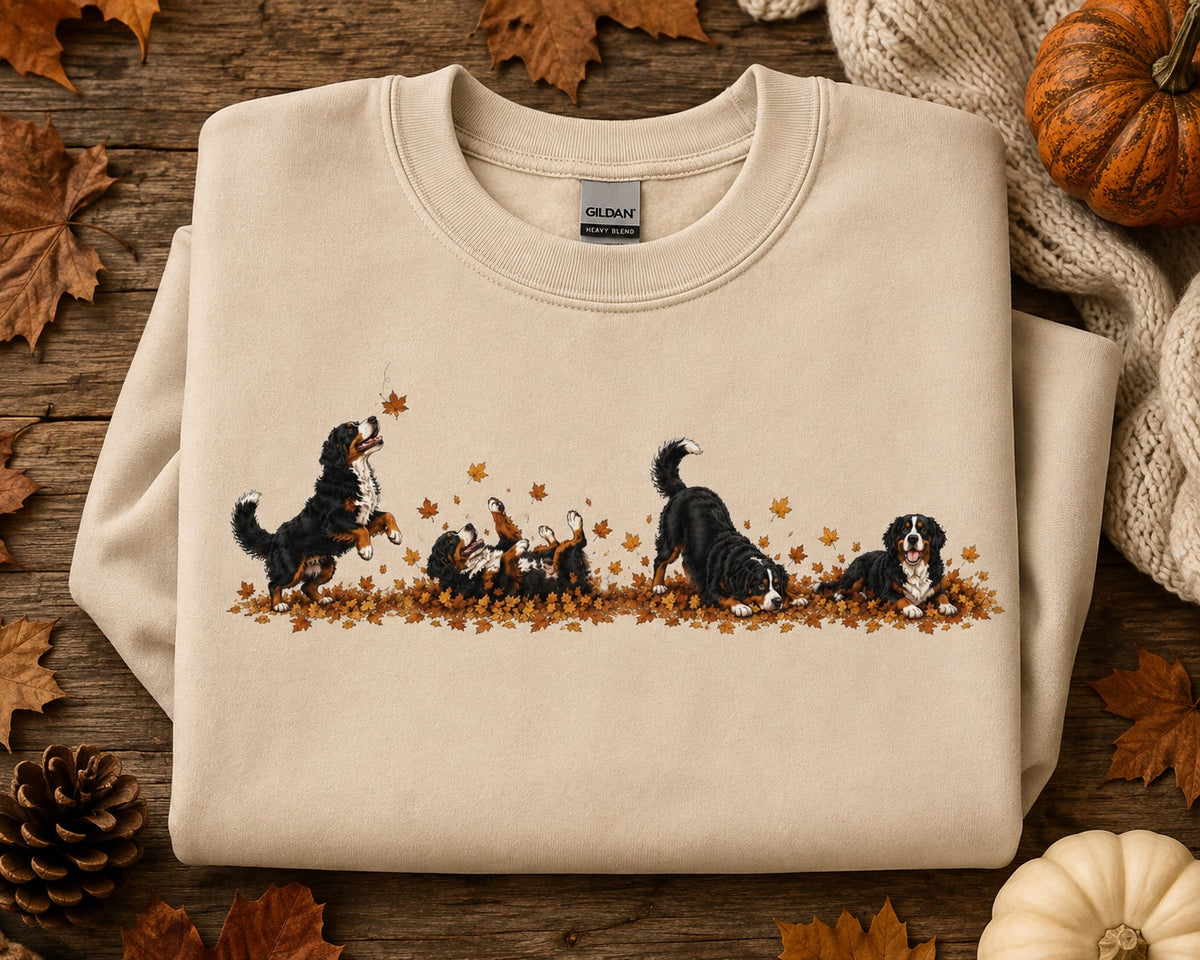 Bernese Mountain Dog Playing in Leaves Fall Sweatshirt
