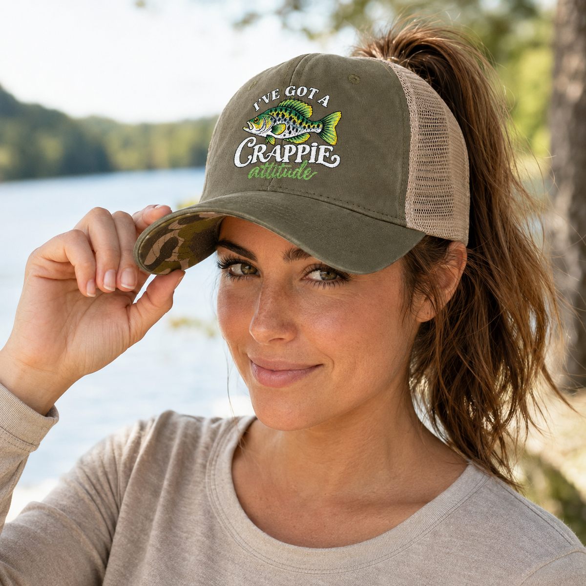 Women’s Embroidered Fishing Hat – Crappie Attitude High Ponytail Trucker Hat