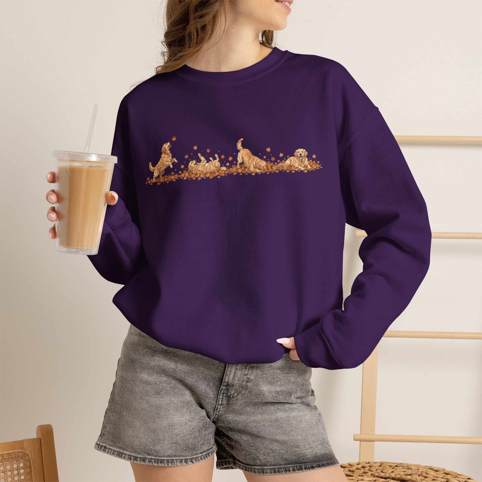 Golden Retriever Playing in Leaves Fall Sweatshirt