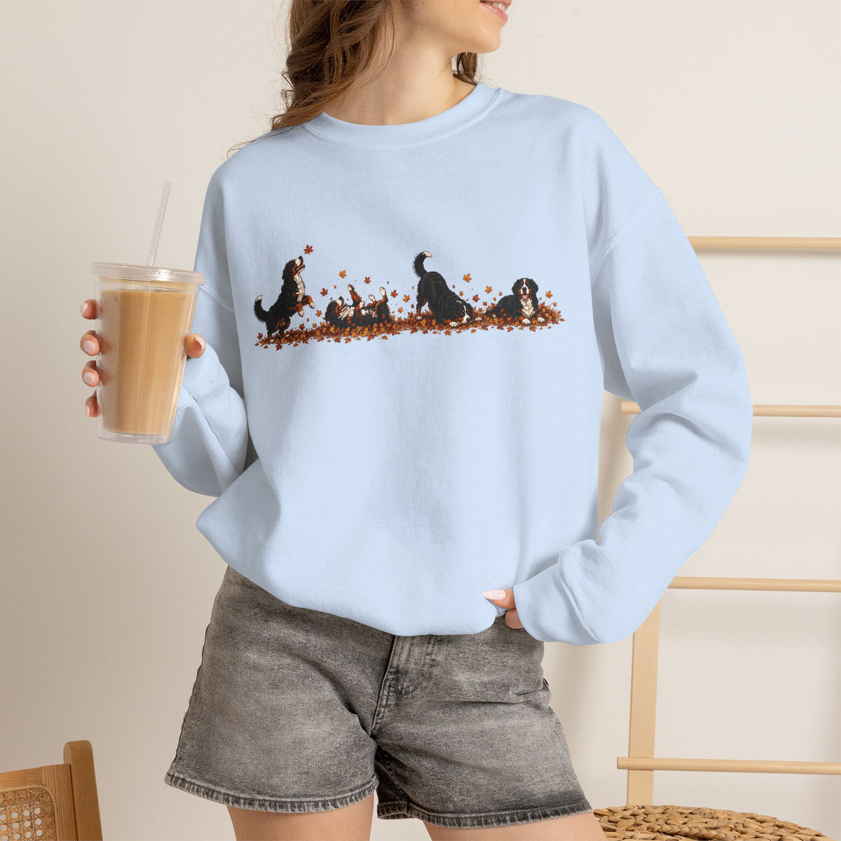 Bernese Mountain Dog Playing in Leaves Fall Sweatshirt