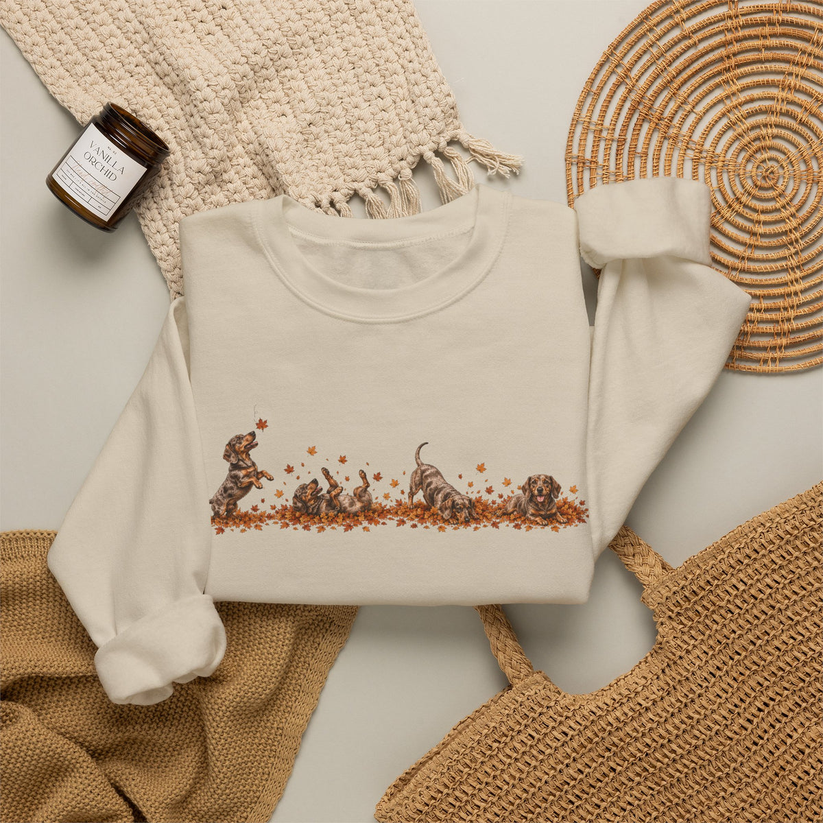 Dachshund Playing in Leaves Fall Sweatshirt