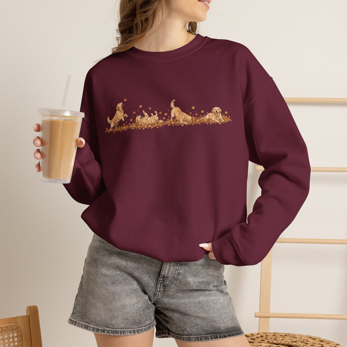 Golden Retriever Playing in Leaves Fall Sweatshirt