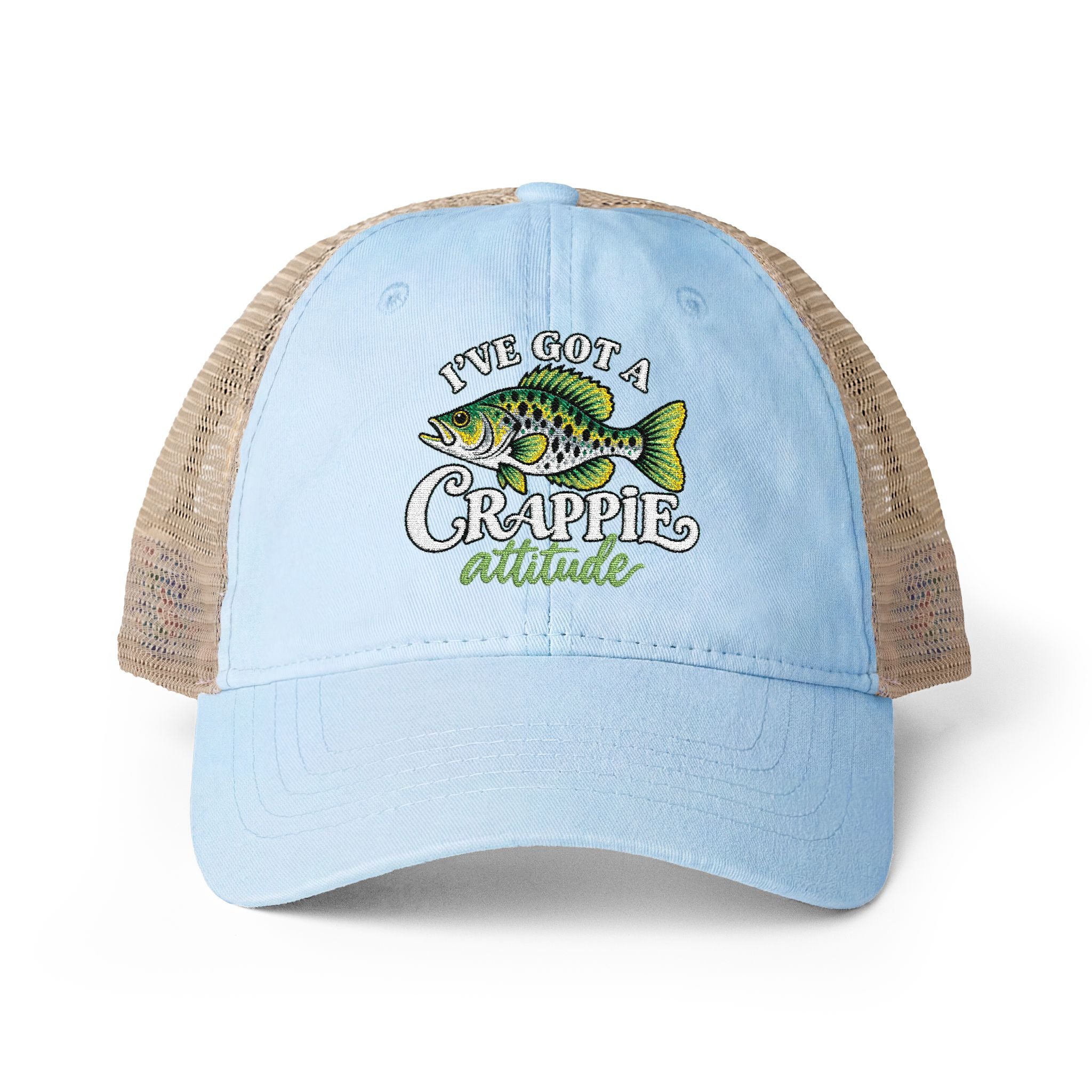 Women’s Embroidered Fishing Hat – Crappie Attitude High Ponytail Trucker Hat