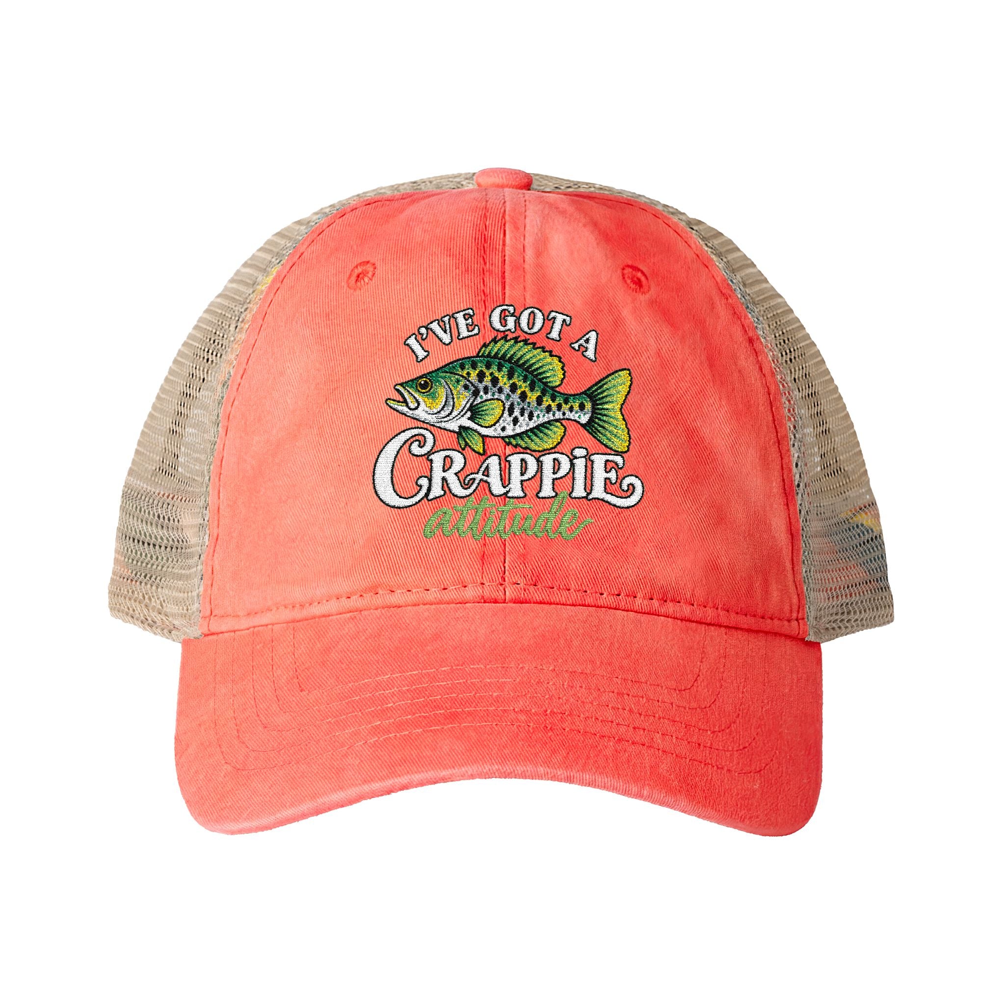 Women’s Embroidered Fishing Hat – Crappie Attitude High Ponytail Trucker Hat