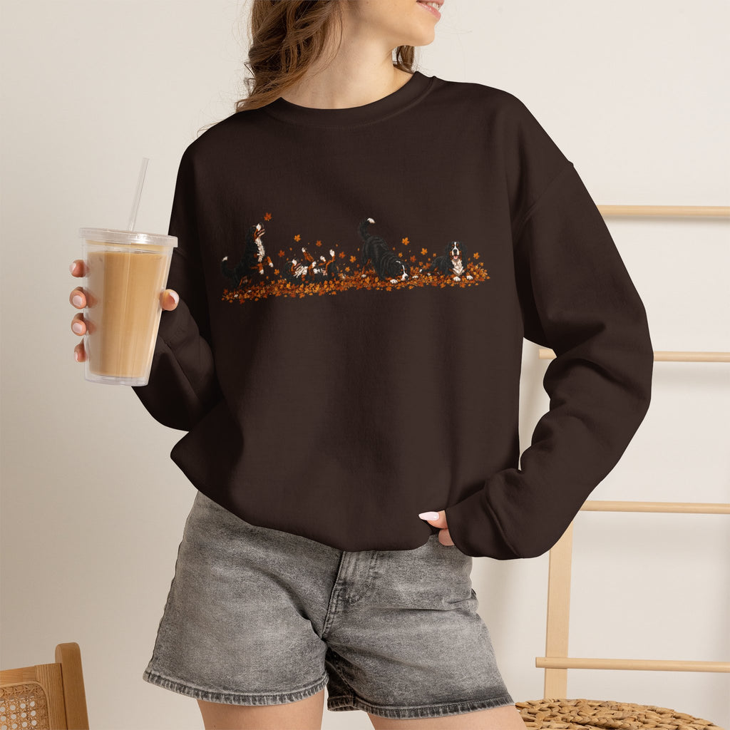 Bernese Mountain Dog Playing in Leaves Fall Sweatshirt