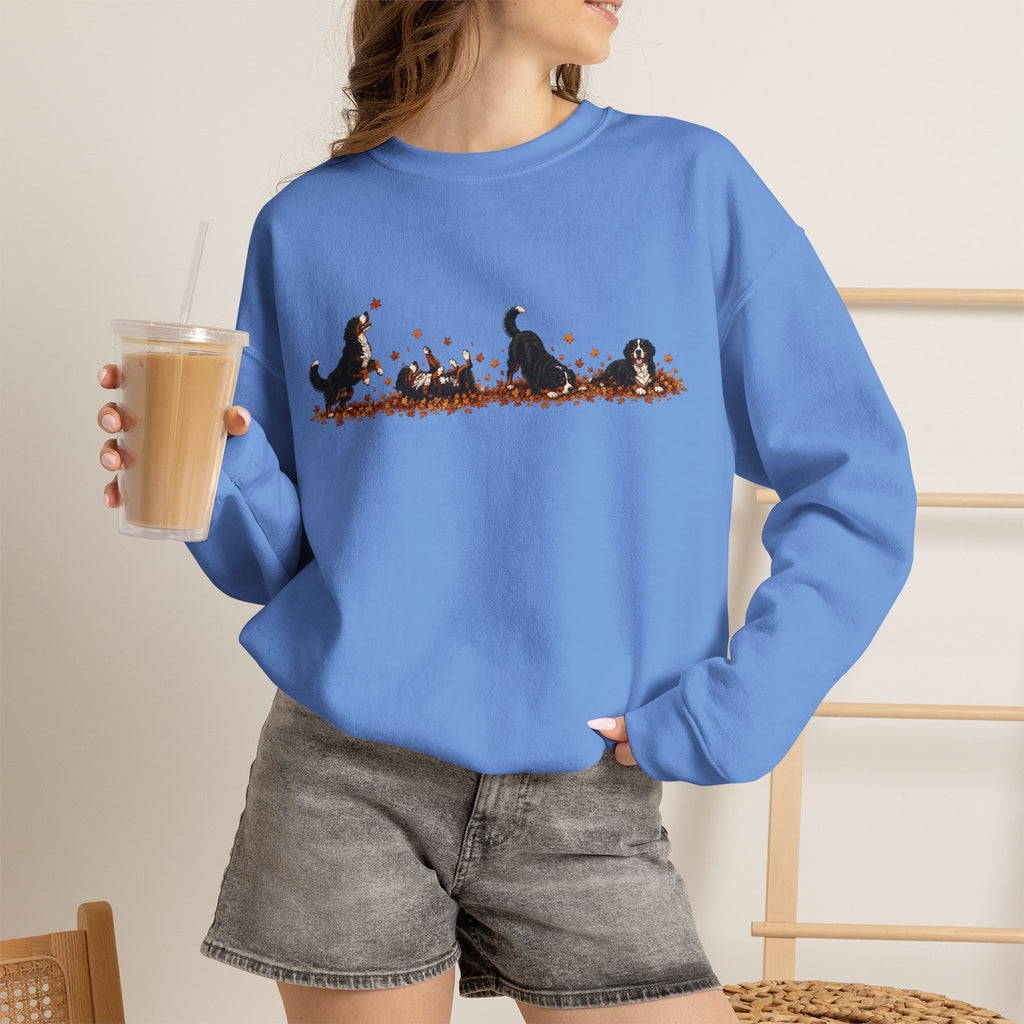 Bernese Mountain Dog Playing in Leaves Fall Sweatshirt