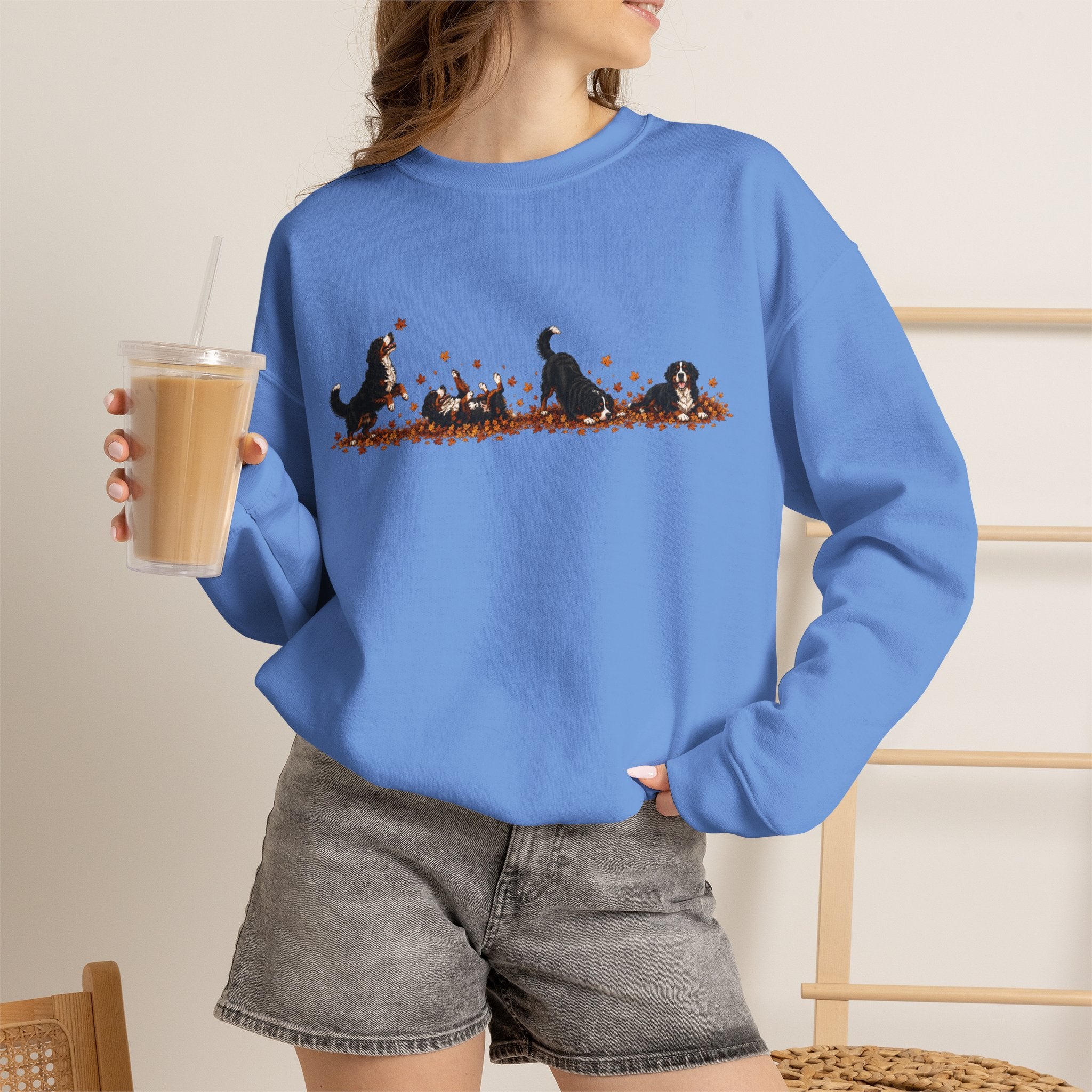 Bernese Mountain Dog Playing in Leaves Fall Sweatshirt