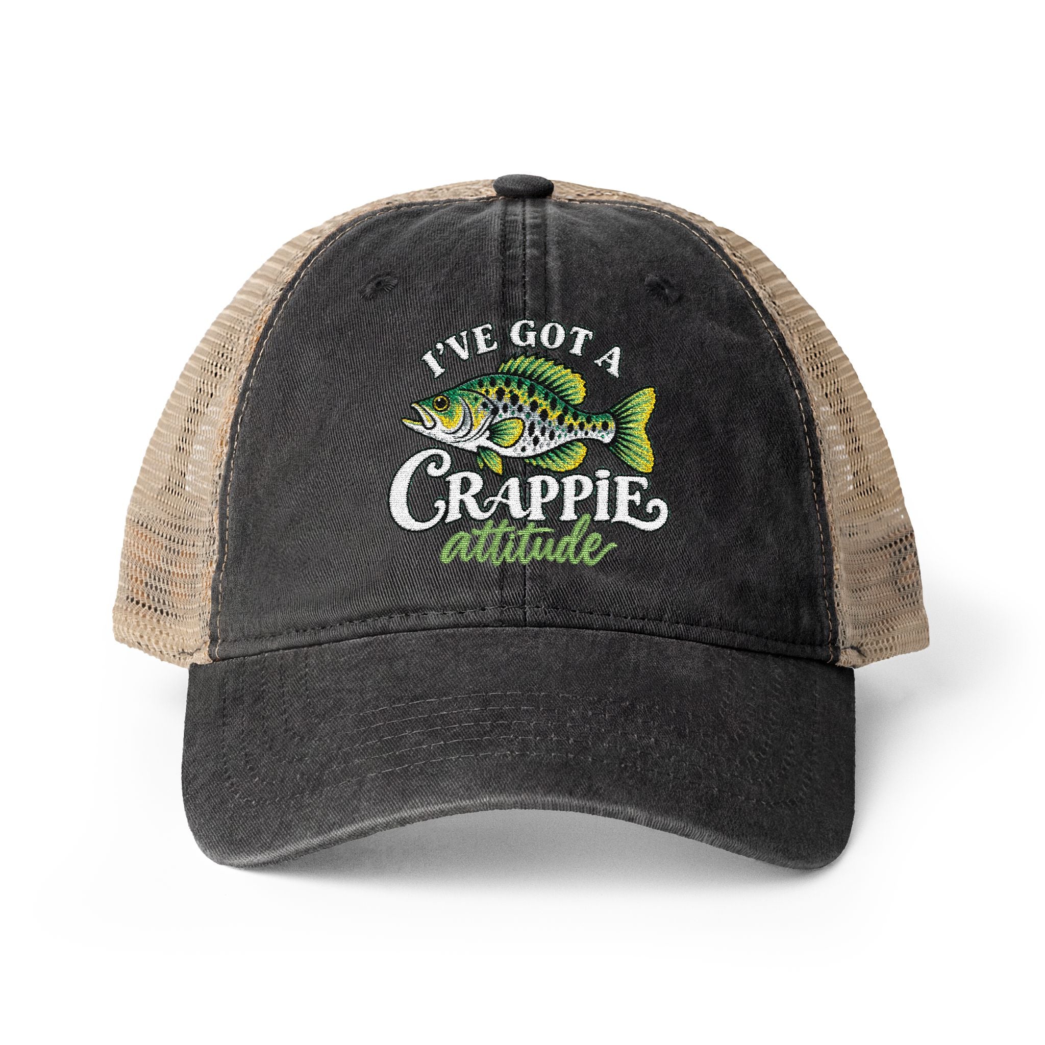 Women’s Embroidered Fishing Hat – Crappie Attitude High Ponytail Trucker Hat