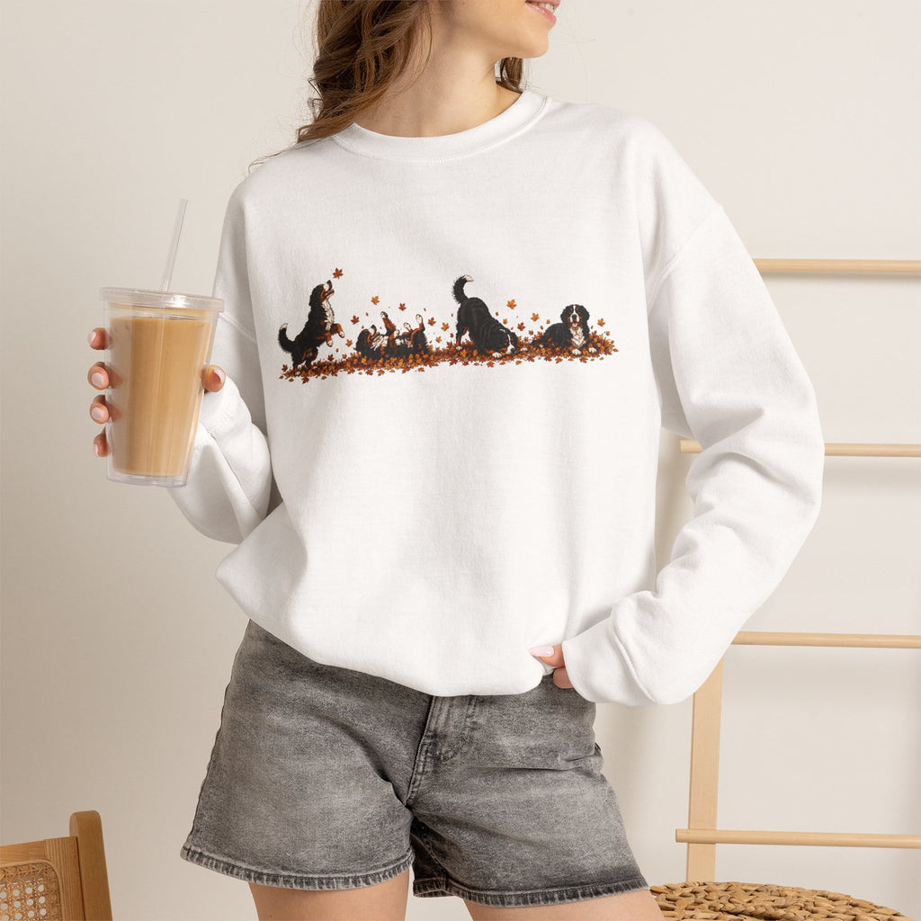 Bernese Mountain Dog Playing in Leaves Fall Sweatshirt