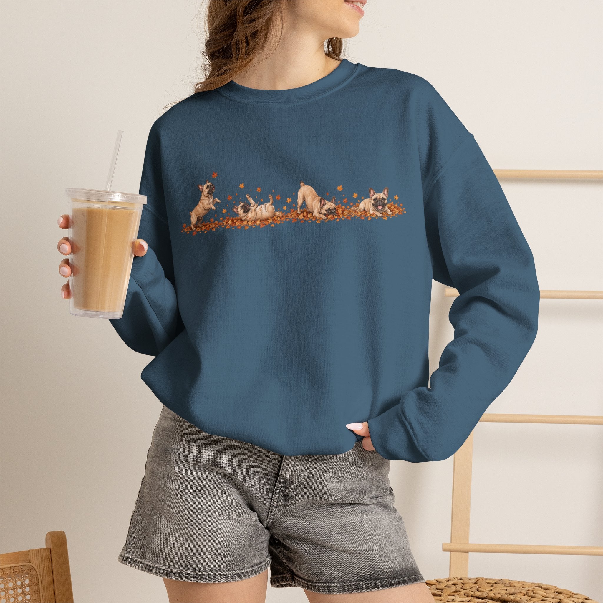 French Bulldog Playing in Leaves Fall Sweatshirt