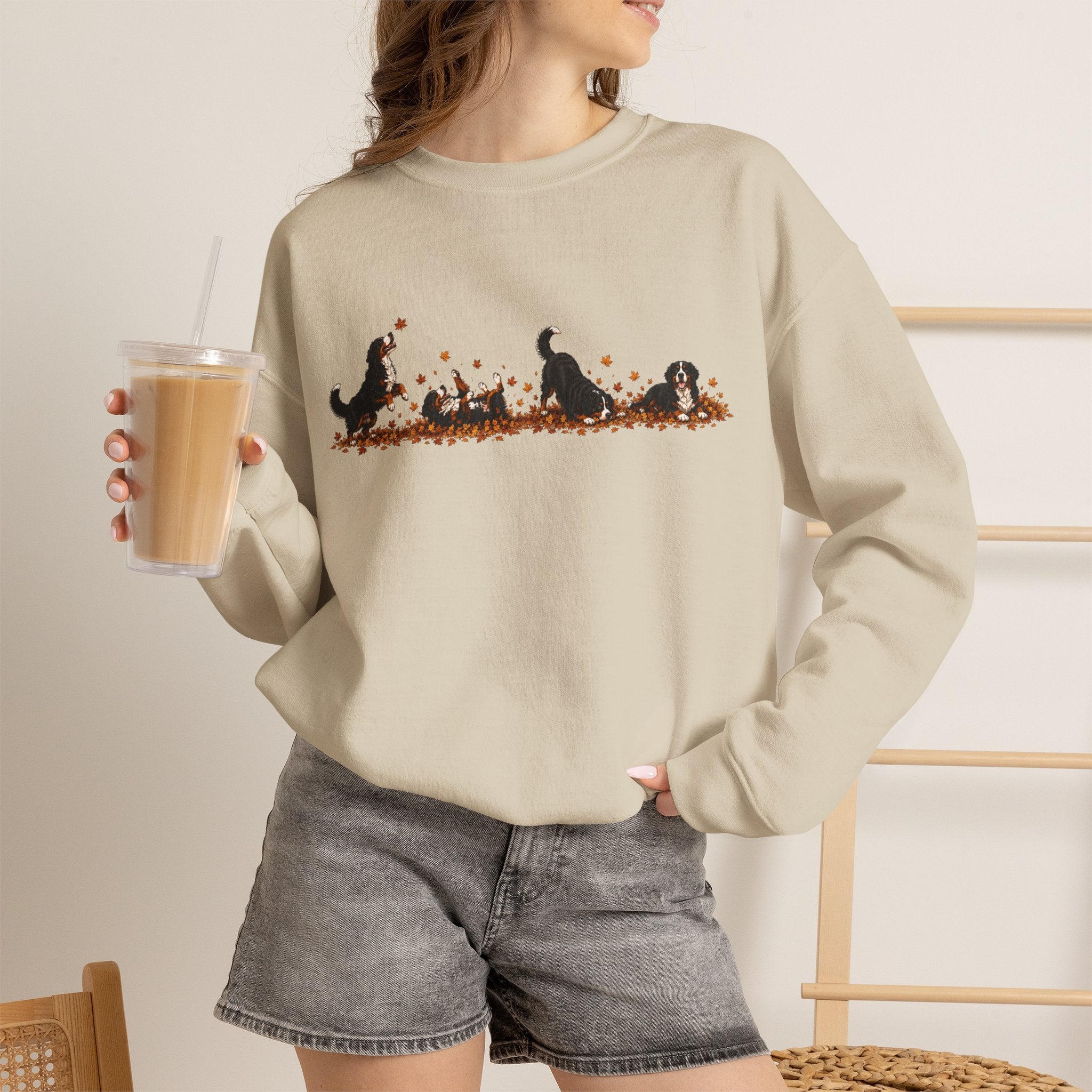 Bernese Mountain Dog Playing in Leaves Fall Sweatshirt