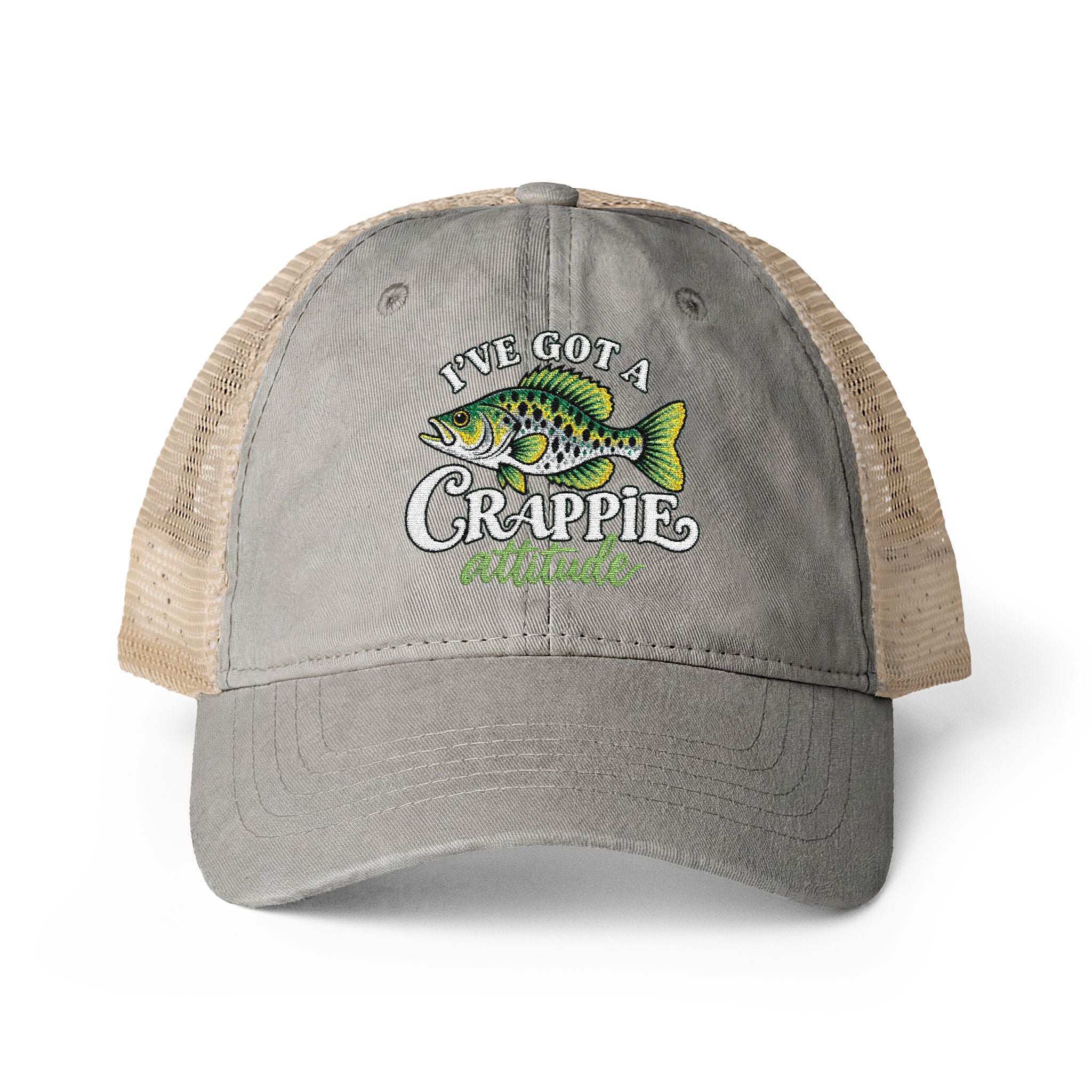 Women’s Embroidered Fishing Hat – Crappie Attitude High Ponytail Trucker Hat