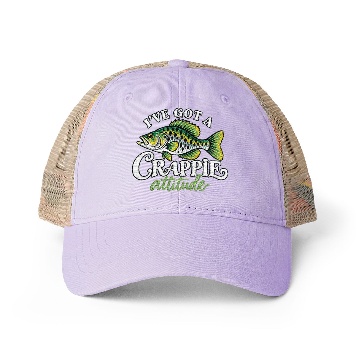 Women’s Embroidered Fishing Hat – Crappie Attitude High Ponytail Trucker Hat