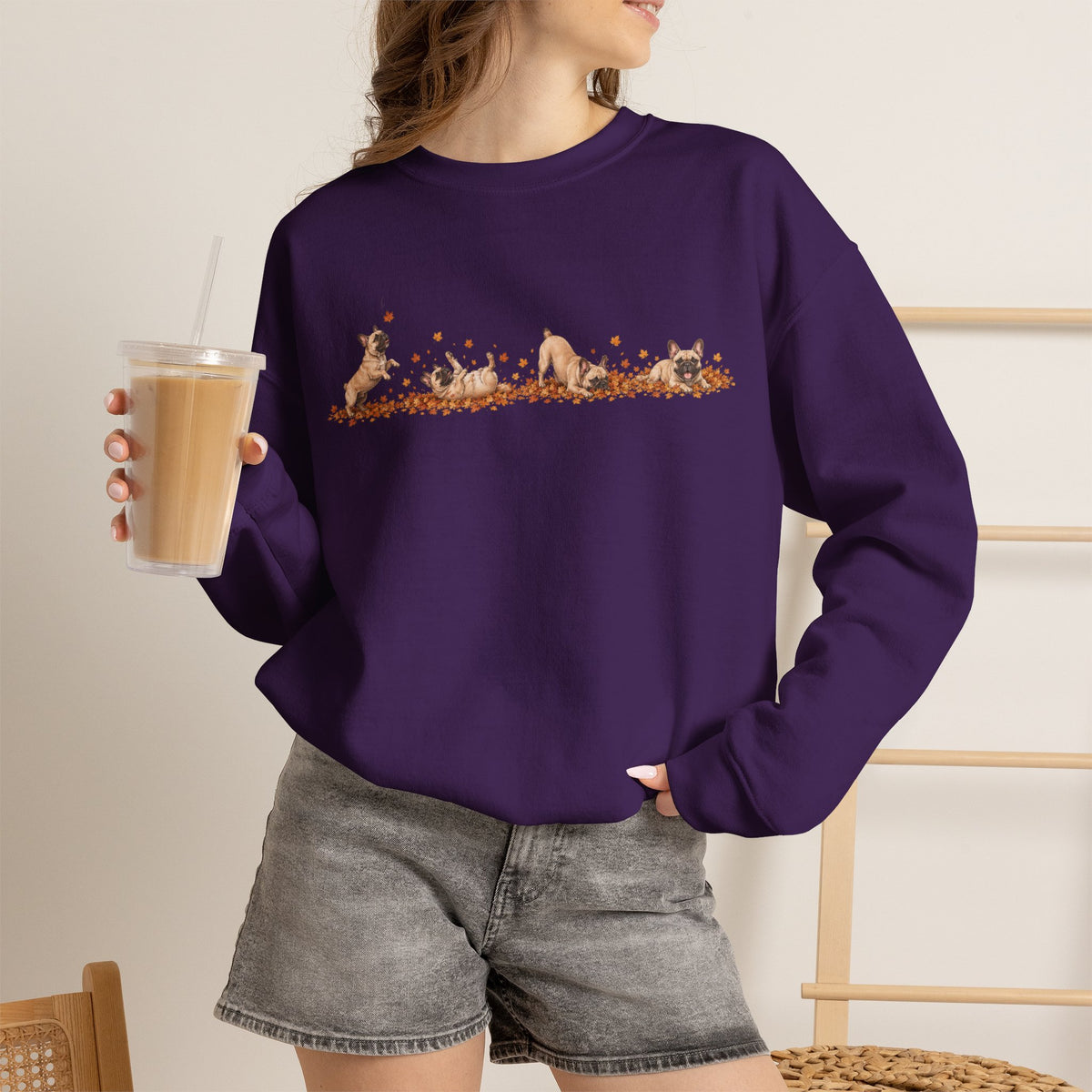 French Bulldog Playing in Leaves Fall Sweatshirt