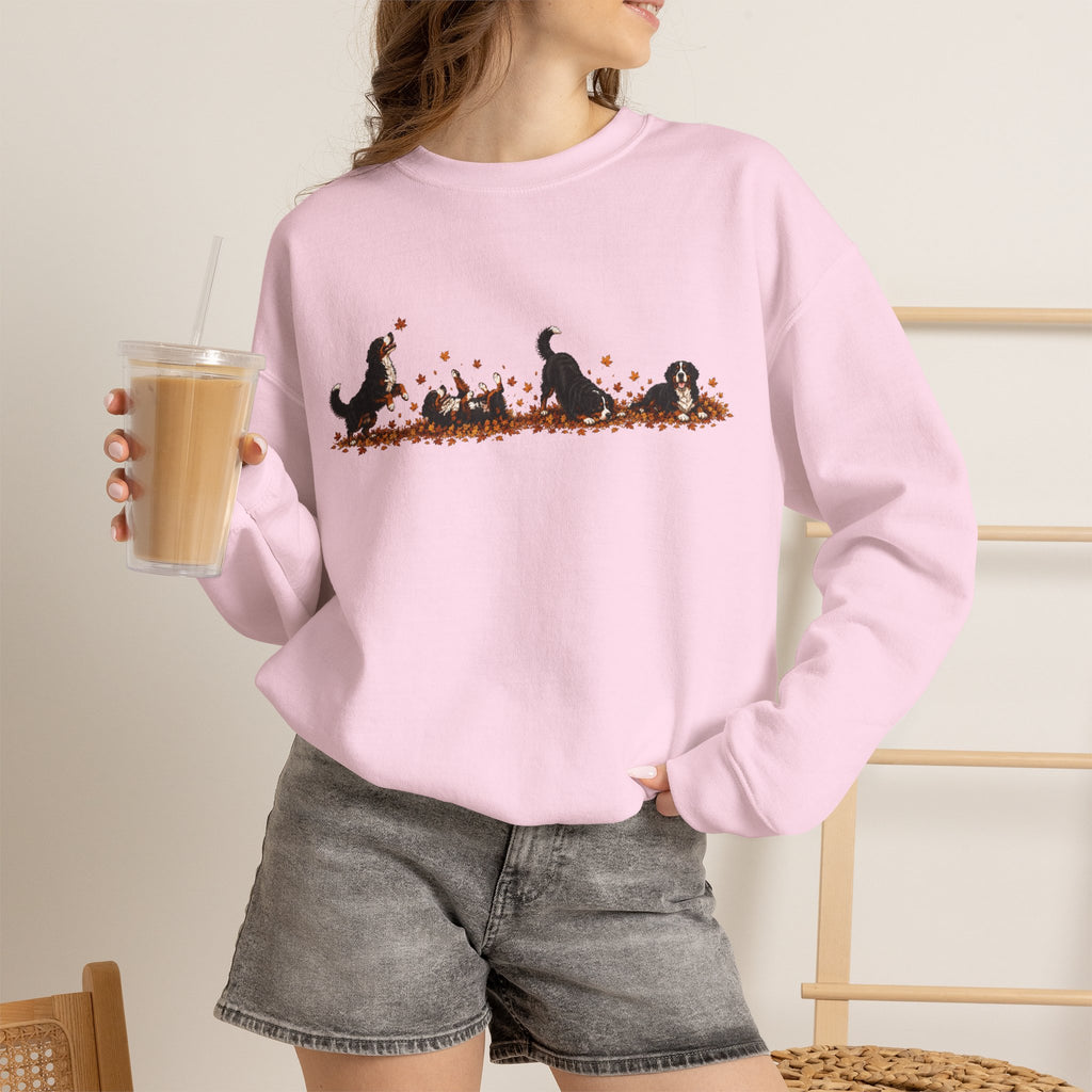 Bernese Mountain Dog Playing in Leaves Fall Sweatshirt